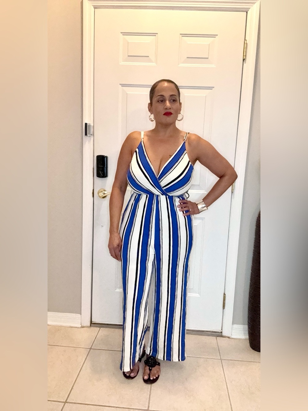 Love Tree Blue & White Vertical Stripe Sleeveless Jumpsuit
